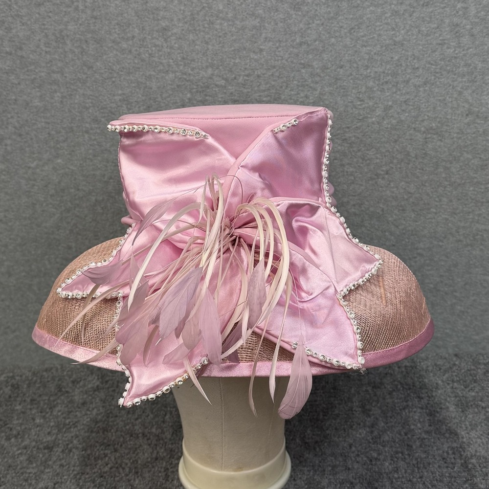 Elite CHAMPAGNE Hat Womens Pink Wide Brim Satin Bow Rhinestone Derby Church NWOT